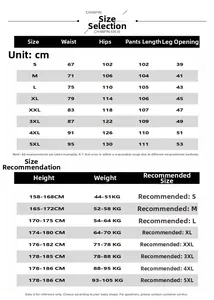 Detailed size chart for men cargo pants showing height weight and waist measurements