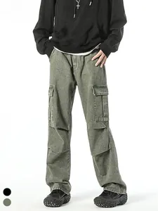 Men American Retro Cargo Pants Solid Color Multi Pocket Loose Straight Leg Denim Trousers Casual Outdoor Work Pants