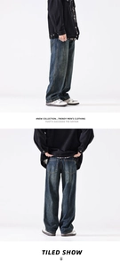 Detailed view of wide-leg blue jeans featuring vintage wash and classic back pocket design