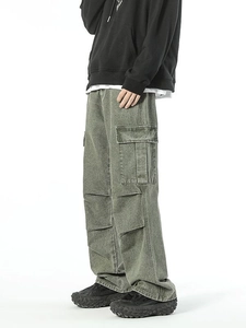 Men's retro army green cargo pants with wide leg fit and side flap pockets