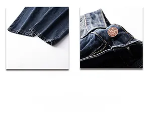 Detailed macro view of dark blue denim stitching, metal button, and zipper on jeans