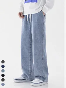 Jeans in Denim a Gamba Dritta Larghi da Uomo Pantaloni in Cotone Casual Lavati Vintage Con Vita Elastica a Coulisse Pantaloni alla Moda Streetwear