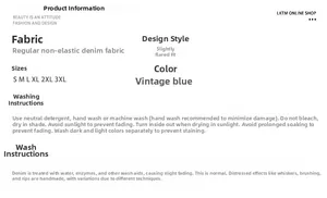Detail specifications for vintage blue flared jeans with fabric and washing instructions