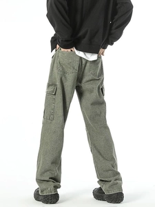 Men's olive green cargo jeans in a relaxed straight fit with large side flap pockets