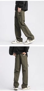 Detail view of olive green cargo pants featuring side flap pockets and adjustable hem drawstrings