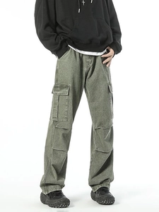 Men's retro olive green cargo pants with baggy straight leg and utility pockets