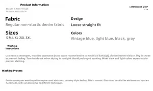 Detailed chart of straight leg jeans showing washing instructions and size specifications