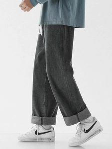Jeans uomo larghi gamba dritta lavaggio grigio scuro con coulisse e orlo risvoltato
