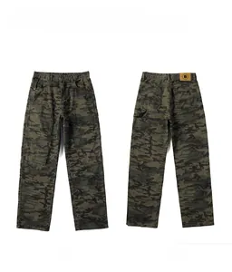 Front and back detail of American camouflage cargo pants with yellow B-logo leather patch