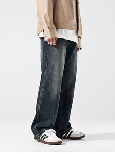 Slim fit dark blue straight leg denim jeans for men with vintage wash and whiskers