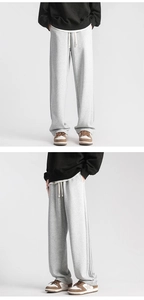 Vertical split view of men's grey drawstring sweatpants with side textured stripes