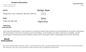 Detailed chart showing light blue flare jeans specifications and washing instructions