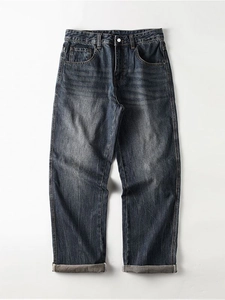 Slim fit dark blue men's straight jeans with vintage wash and cuffed hem styling