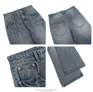 Detail view of eco-friendly washed light blue jeans with vintage lightning crackle texture