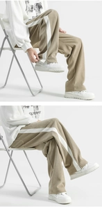 Detail view of khaki corduroy pants with white side stripes in a casual high-street style