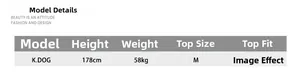 Size chart table showing model K.DOG details 178cm 58kg wearing size M jeans