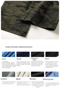 Detailed washing and care guide for camouflage pants featuring multiple fabric maintenance tips