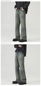 Detailopname van vintage gewassen blauwe denim jeans met retro streetstyle pasvorm en textuur
