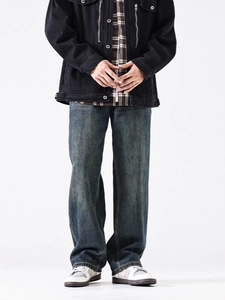Men's retro wash loose straight leg jeans with dark blue bamboo texture and worn-in look