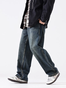 Men's retro wash loose straight leg jeans with vintage bamboo texture in dark blue