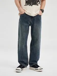American Vintage Men's Wide Leg Blue Jeans Retro High Street Loose Straight Fit Denim Pants With Grinding Washing