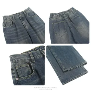 Detail of eco-friendly washed blue denim texture with elastic waistband and rivets