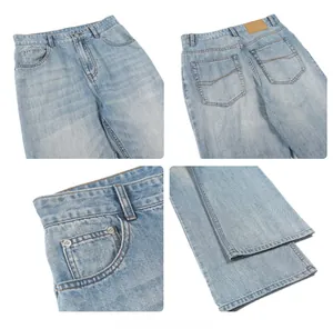 Detail view of denim stitching, front button, coin pocket and hem on light blue jeans
