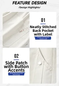 Details der gewebten Etiketten und Metallknöpfe an der beigen High-Street-Hose