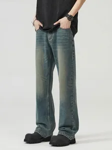 Jeans in Denim a Zampa Lavati Retro Americano per Uomo Vintage Gamba Larga Larga Streetwear Pantaloni Lunghi Casual Blu