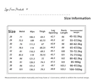 Tableau des tailles détaillé pour jeans larges rétro incluant taille et hanches
