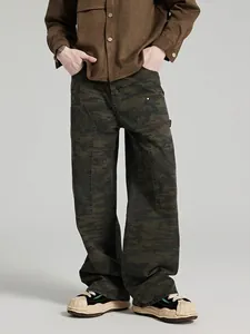 Men Camouflage Cargo Pants Straight Leg Double Knee Cotton Streetwear Multi Pocket High Street Casual Trousers Workwear