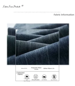 Close-up of blue denim fabric with visible twill texture and detailed material composition