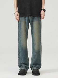 Jeans vintage da uomo con lavaggio retrò, taglio dritto e rilassato in denim blu medio