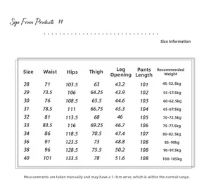 Detailed size chart for vintage flare jeans showing measurements from size 28 to 40