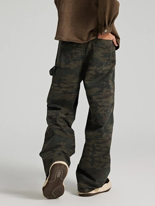 Men's loose straight camouflage cargo pants in dark green cotton from a back view