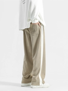 Retro khaki corduroy wide-leg pants with white side stripe stitching for men