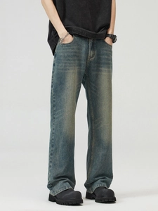 Jeans svasati larghi lavaggio retrò da uomo con finitura blu vintage e stile streetwear