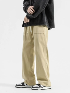 Japanese retro khaki straight-leg cargo pants for men with drawstring waist and large pockets