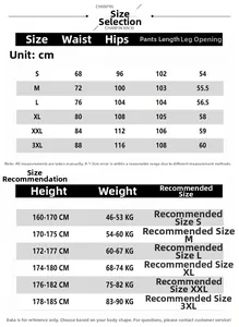 Detailed size chart for men's wide-leg pants showing S to 3XL measurements in cm