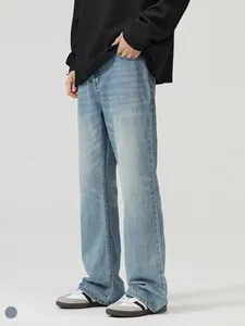 Men's American High Street Vintage Washed Distressed Flare Jeans Loose Straight Denim Long Pants Retro Streetwear