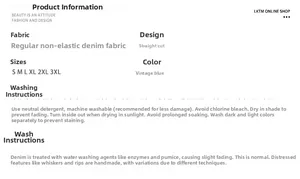 Size chart for vintage blue denim shorts with fabric details and fit guide