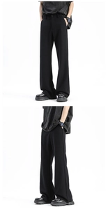 Front and side view of men's wide-leg ice silk trousers in a flowy black fabric