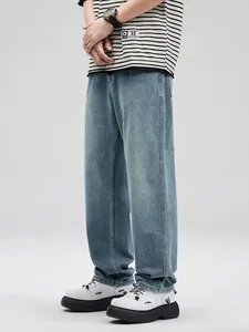 Jeans Bleu Délavé Vintage pour Hommes Pantalons Denim Droits à Jambes Larges Retro Streetwear Baggy en Coton pour Hommes