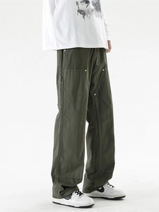 Men's olive green cotton workwear pants with reinforced knees and wide leg straight cut