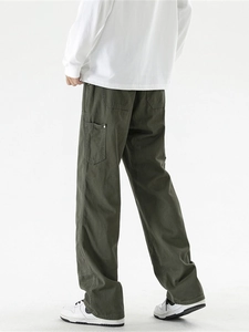 Army green straight leg cargo pants for men in premium cotton twill with side pockets