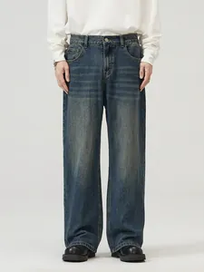 American Retro Streetstyle Men's Washed Wide Leg Jeans Distressed Straight Leg Denim Pants Vintage Blue Light Blue Black Gray