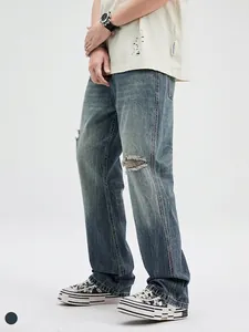 Men's American Retro Distressed Ripped Jeans Washed Light Blue Denim Micro-Flare Bootcut Straight Leg Streetwear Pants