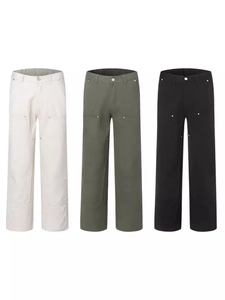 Three colors of men's straight cotton cargo pants in beige, army green, and black