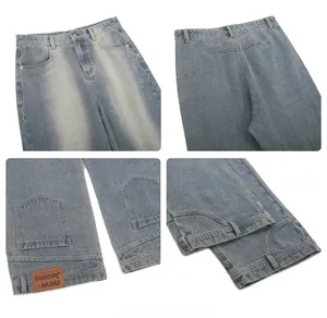 Detailed views of light blue wash denim jeans with waist stitching and leather back patch