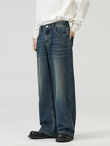 Retro washed dark blue wide-leg denim jeans with loose straight cut and vintage texture